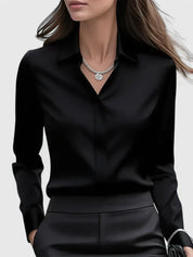 Sandrine Beauclaire | Navy Blue Satin Long-Sleeve Button-Down Shirt