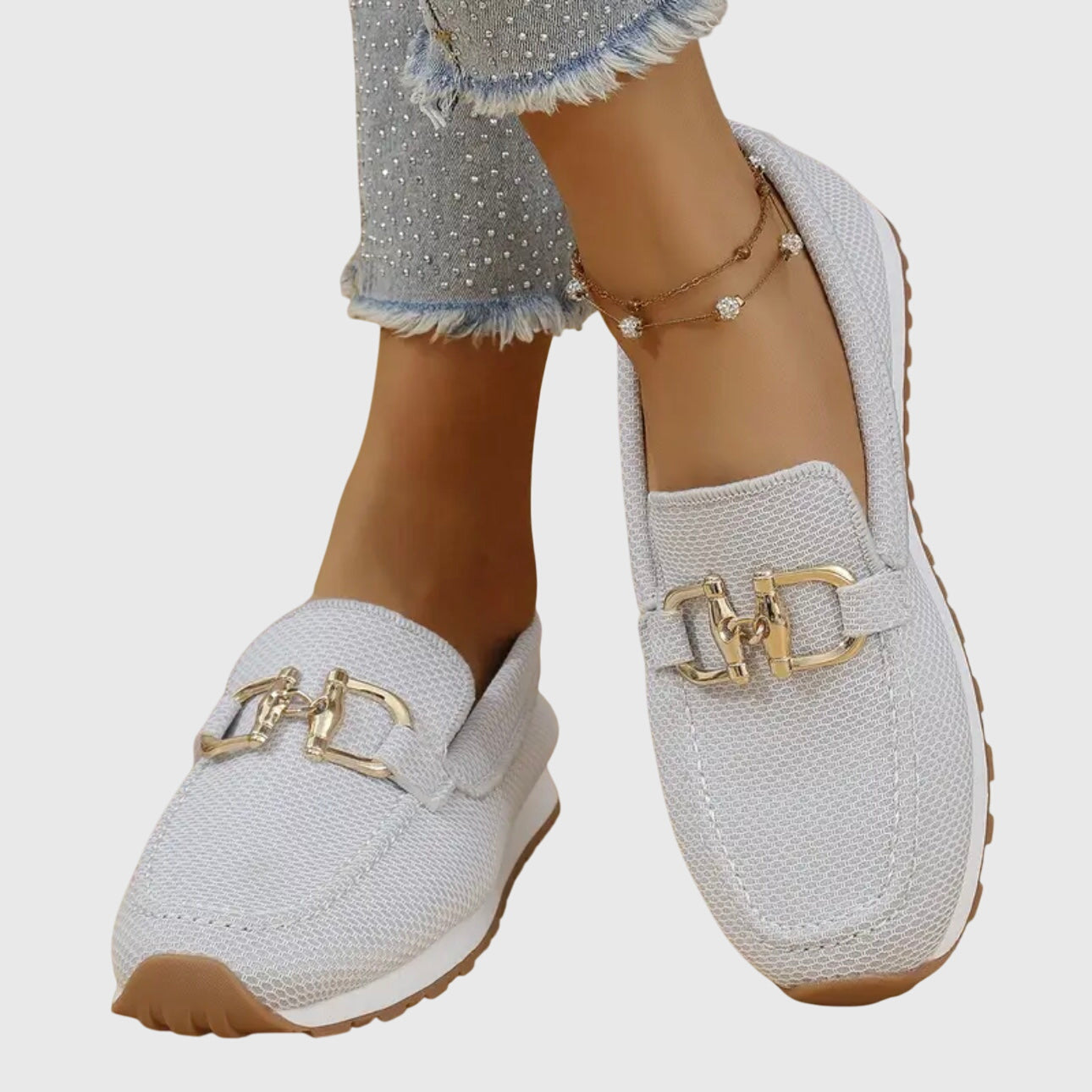 Clarinda Whitmore | Beige Mesh Slip-On Loafer Sneaker with Gold Horsebit