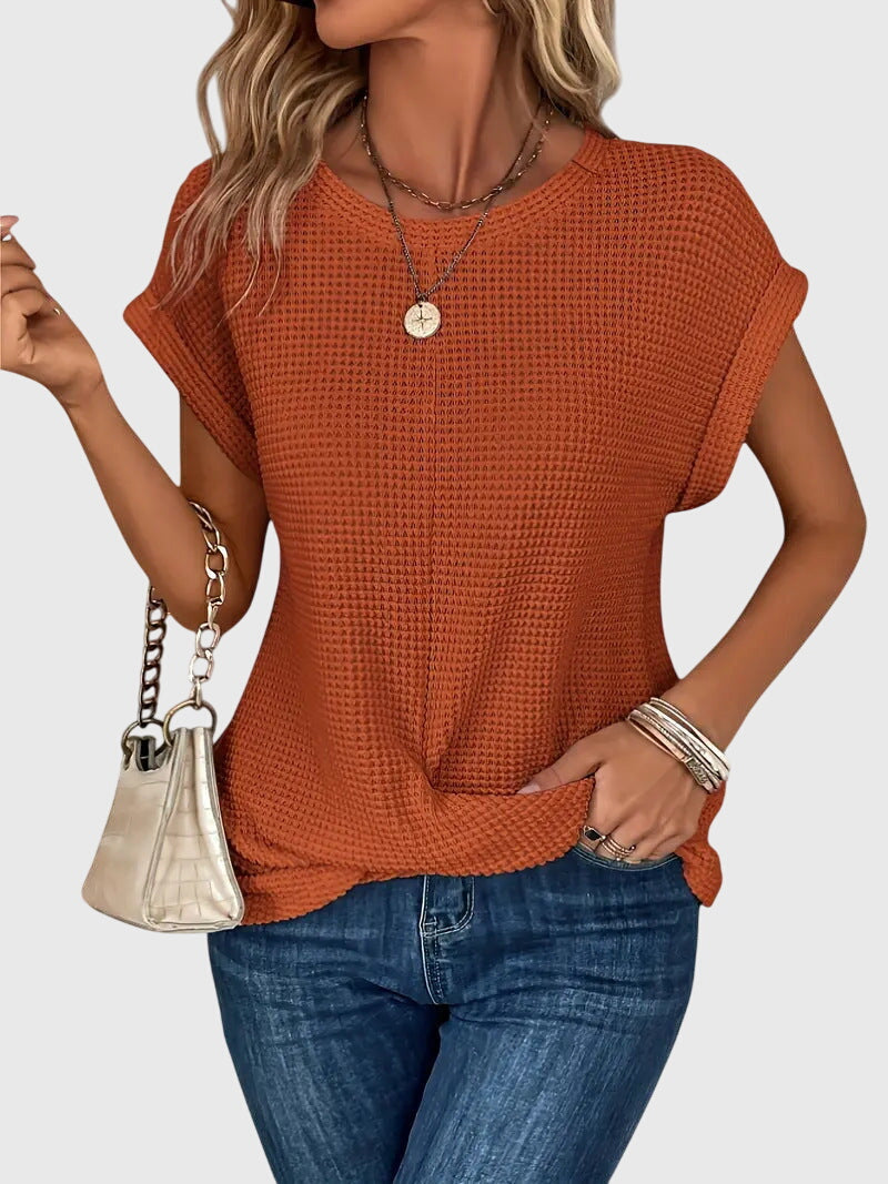 Théodora Winslow | Rust Orange Waffle Knit Crew Neck Top