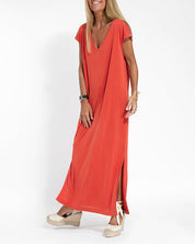 Seraphine Caldwell | Coral V-Neck Side Slit Maxi Dress