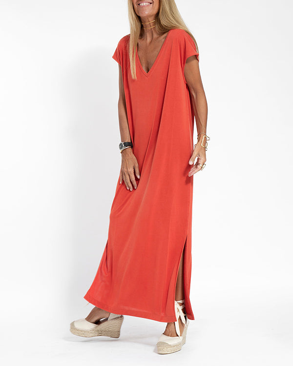 Seraphine Caldwell | Coral V-Neck Side Slit Maxi Dress