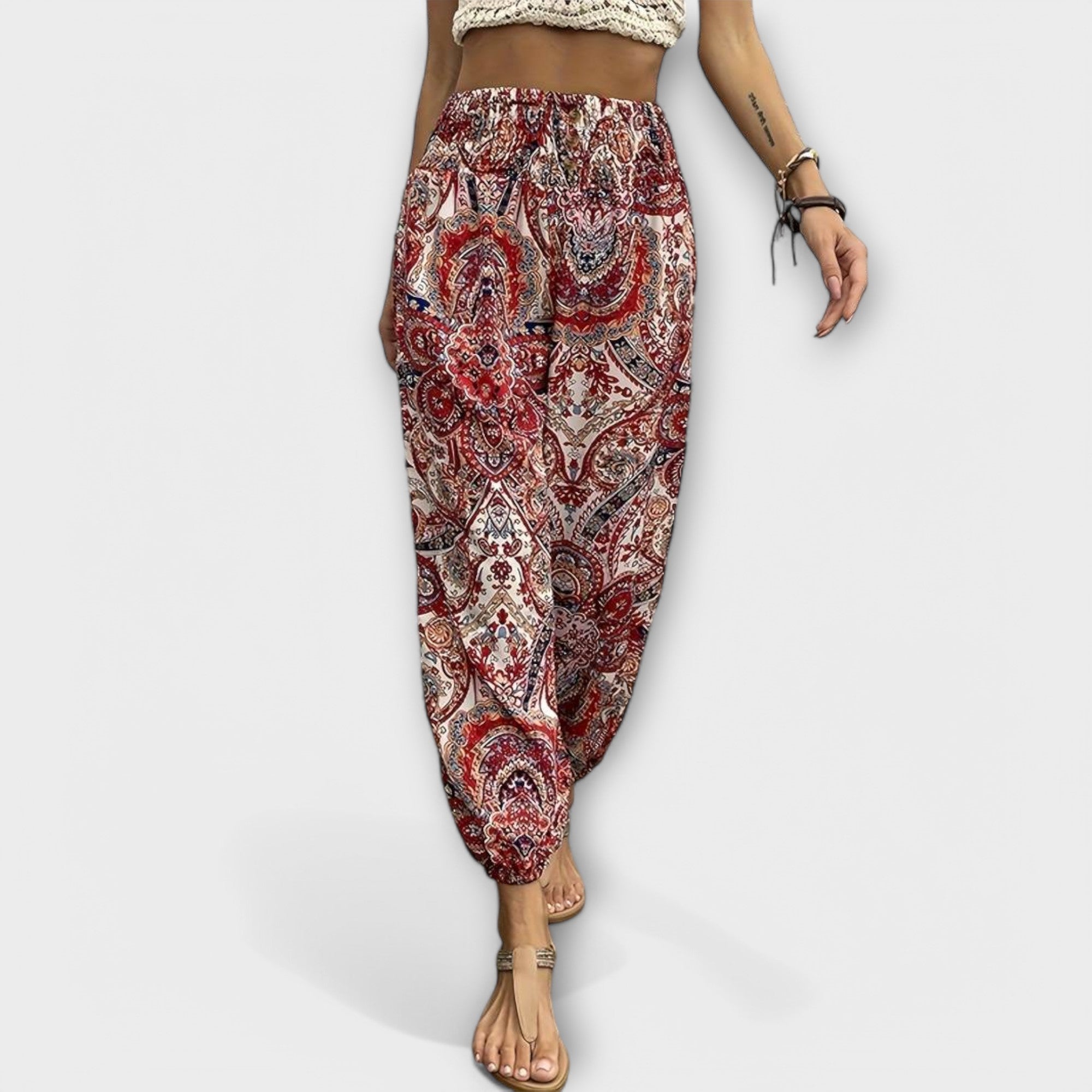 Coralie Deschamps | Boho Ethnic Print Smocked Waist Harem Pants