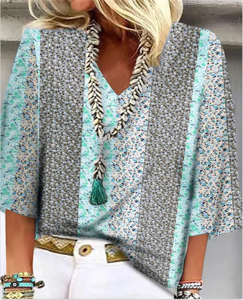 Colette Fairmantle | Ditsy Floral Patchwork V-Neck 3/4 Sleeve Top