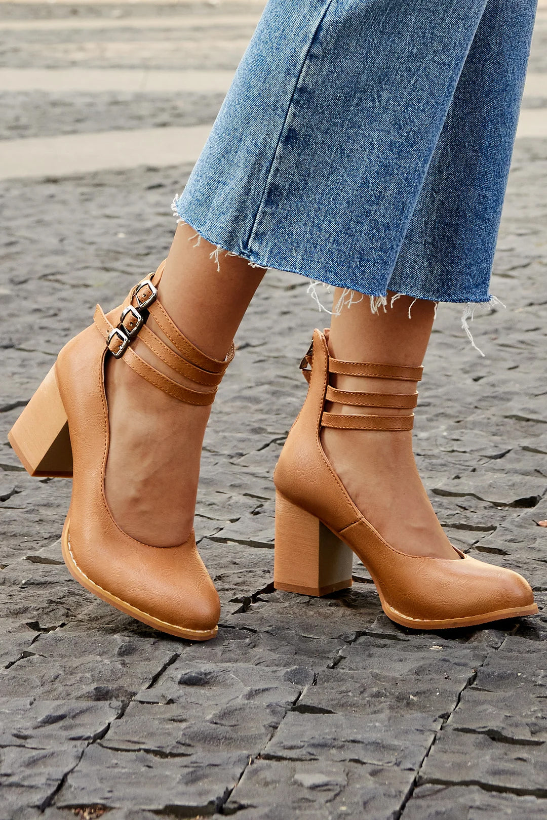 Mathilde Renoncourt | Tan Block Heel with Double Ankle Strap