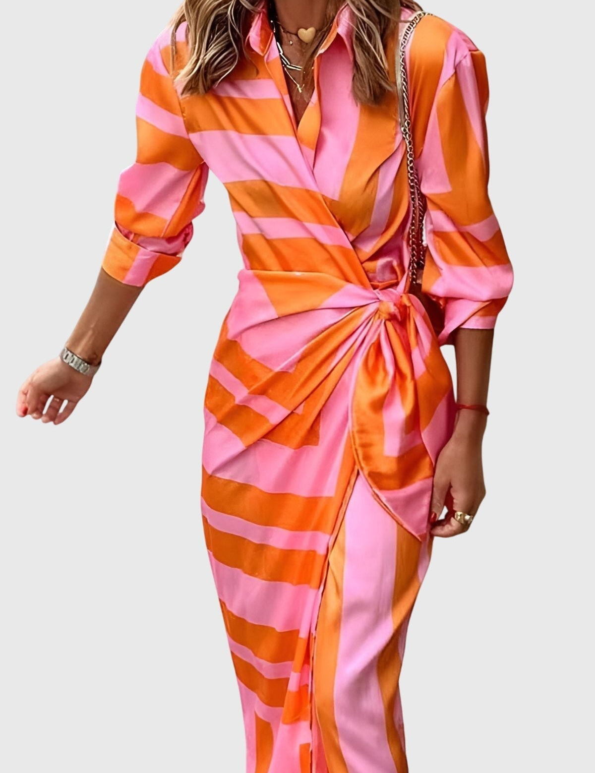 Ottilie Sancerre | Orange & Pink Geometric Print Wrap Midi Dress