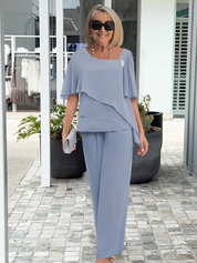 Aurelie Fontverne | Elegant Blue Chiffon Two-Piece Pants Set