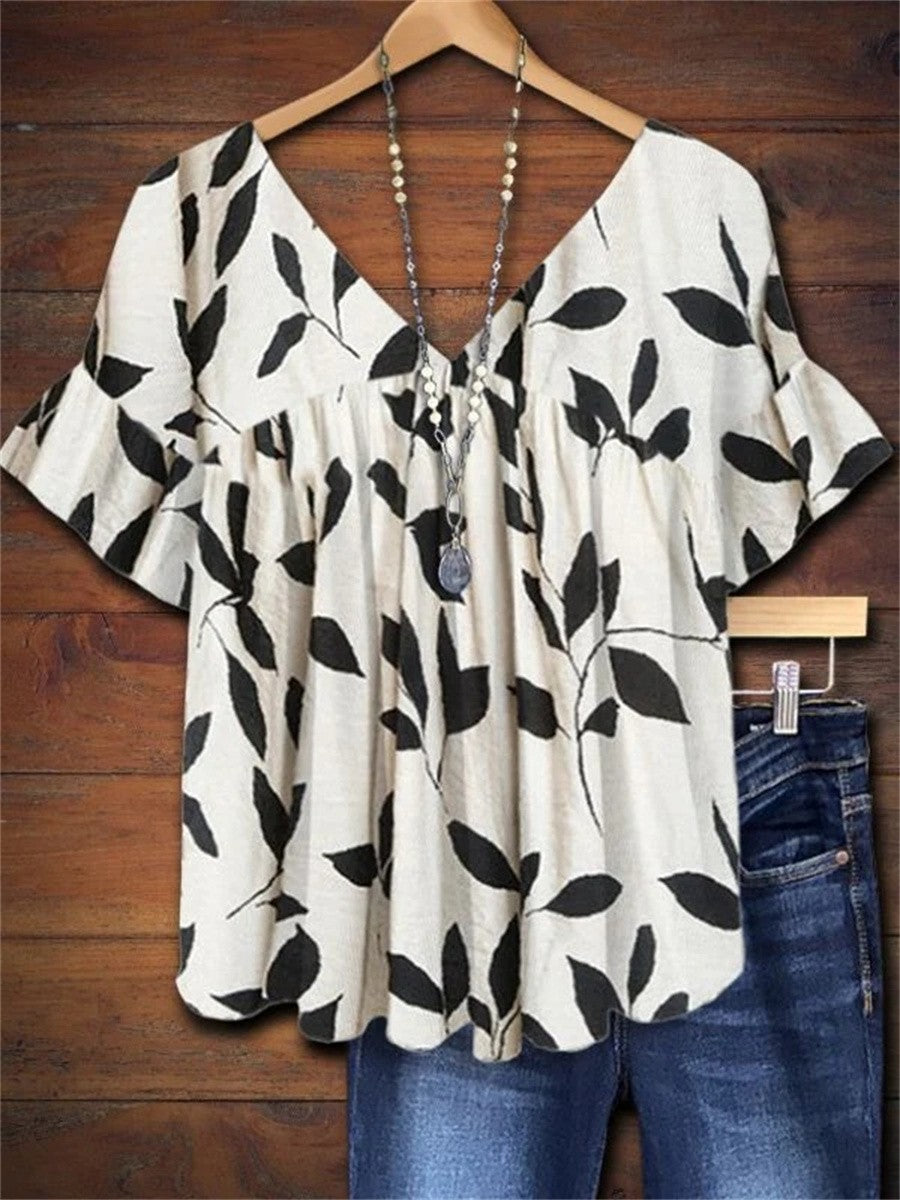 Camille Thornwick | Leaf Print V-Neck Ruffle Short Sleeve Blouse