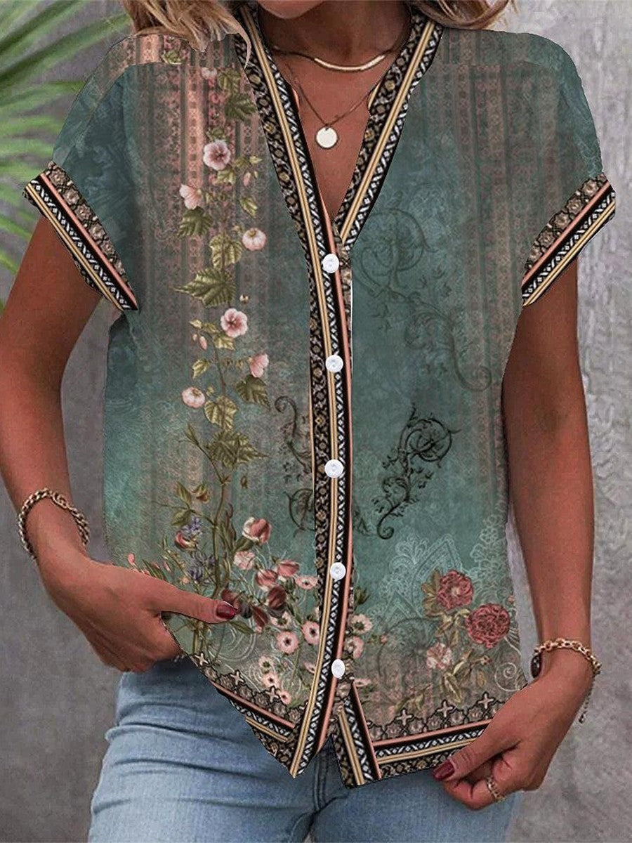 Céleste Vermonde | Vintage Floral Print V-Neck Button-Down Blouse