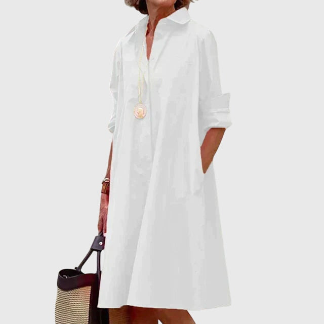 Genevra Whitfield | Red Midi Shirt Dress with Pockets