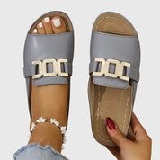 Marianne Velthorpe | White Gold Buckle Slip-On Flat Sandals