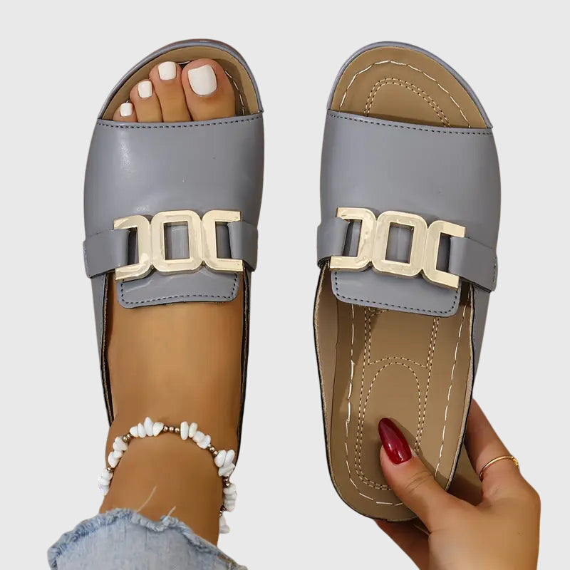 Marianne Velthorpe | White Gold Buckle Slip-On Flat Sandals