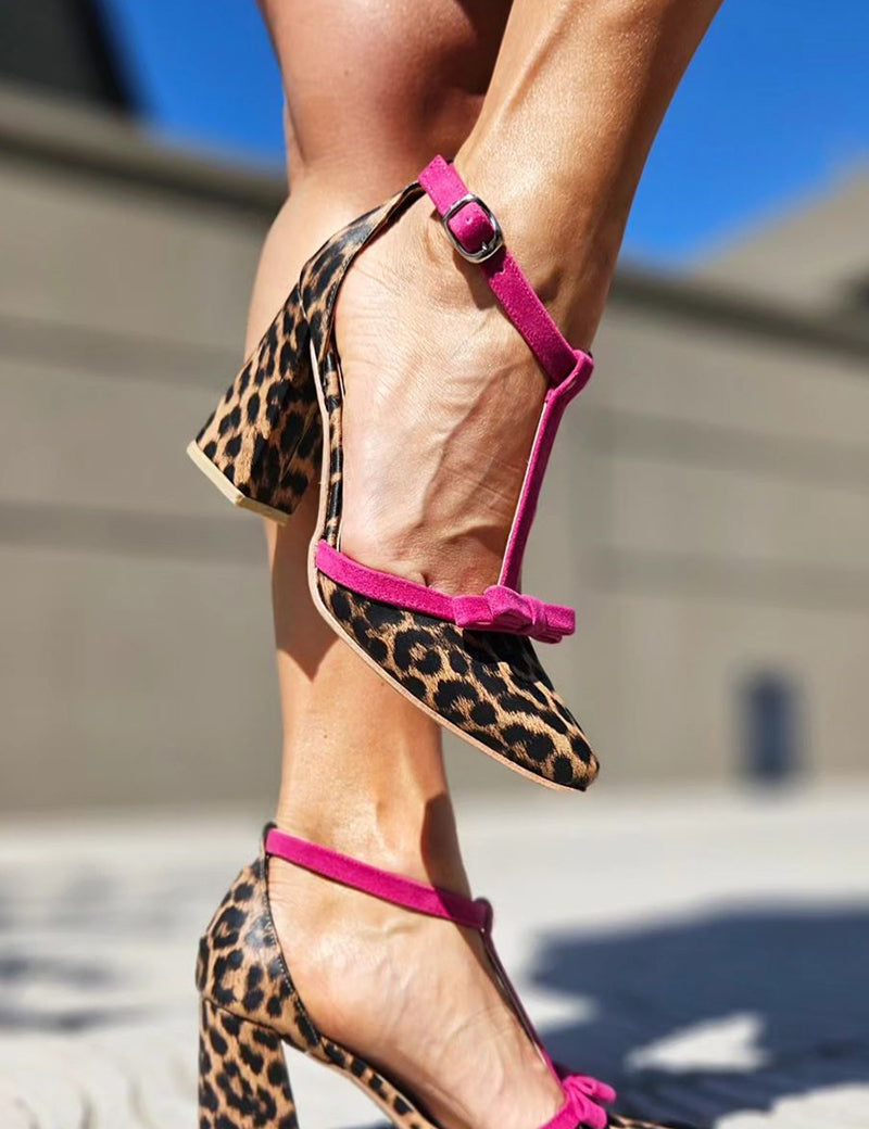 Félicienne Dubarre | Leopard Print T-Strap Block Heels with Pink Bow