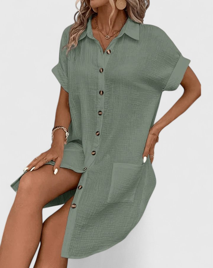 Claudette Winsbourne | Yellow Button-Down Short Sleeve Mini Shirt Dress