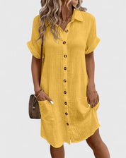 Claudette Winsbourne | Yellow Button-Down Short Sleeve Mini Shirt Dress