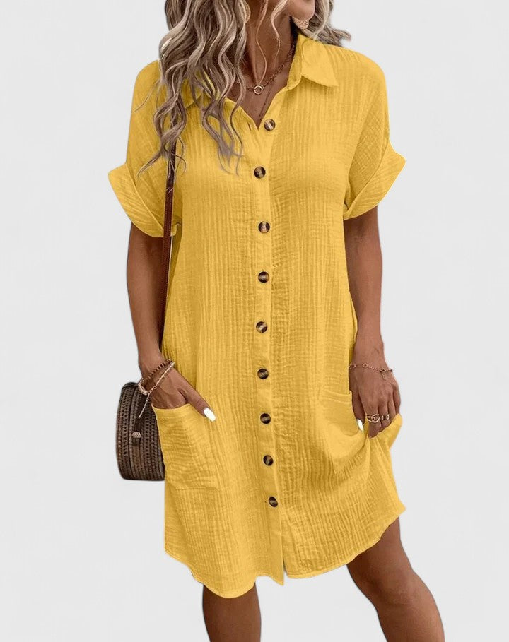 Claudette Winsbourne | Yellow Button-Down Short Sleeve Mini Shirt Dress