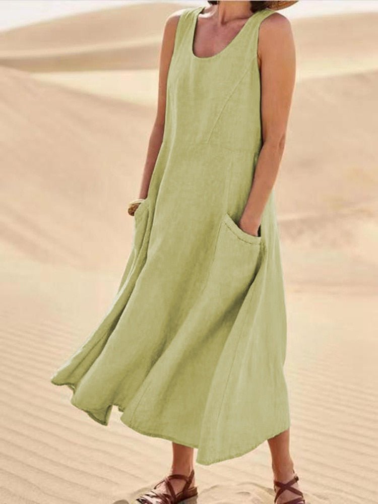Christiane Fontvieux | Sleeveless Linen Maxi Dress with Pockets