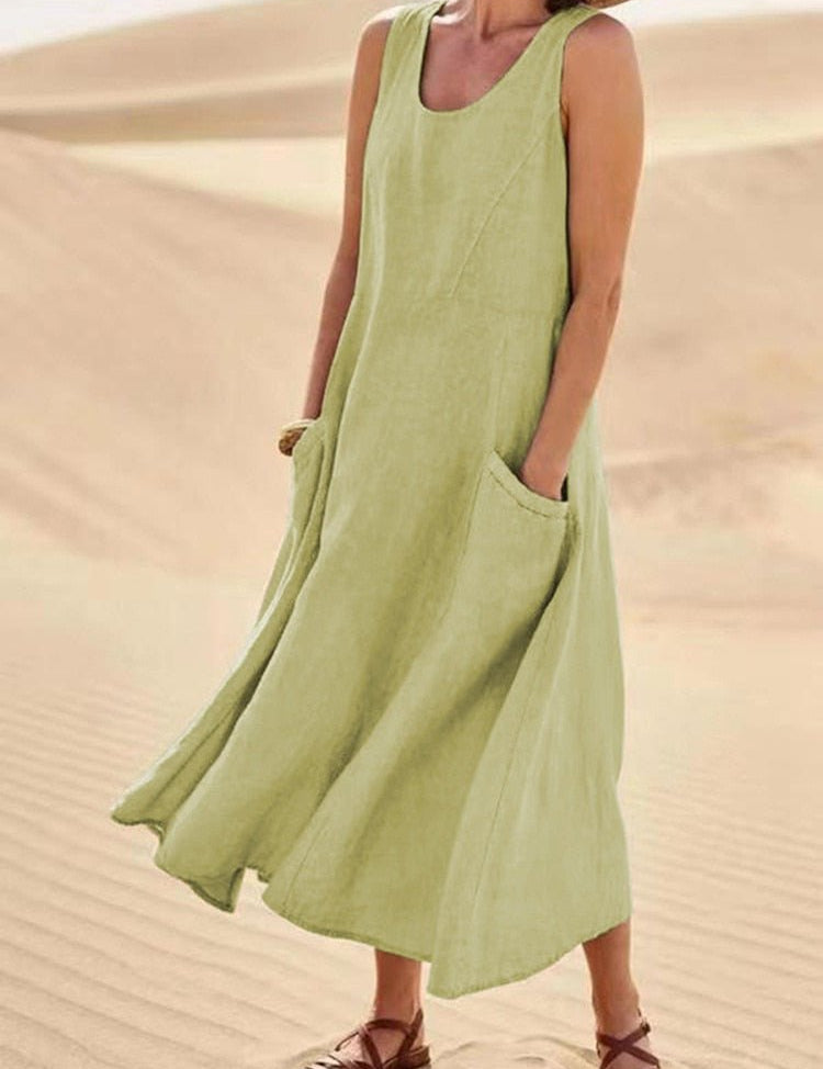 Christiane Fontvieux | Sleeveless Linen Maxi Dress with Pockets