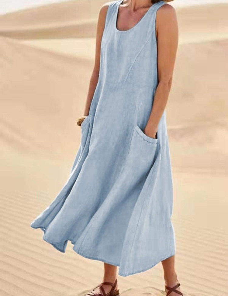 Christiane Fontvieux | Sleeveless Linen Maxi Dress with Pockets