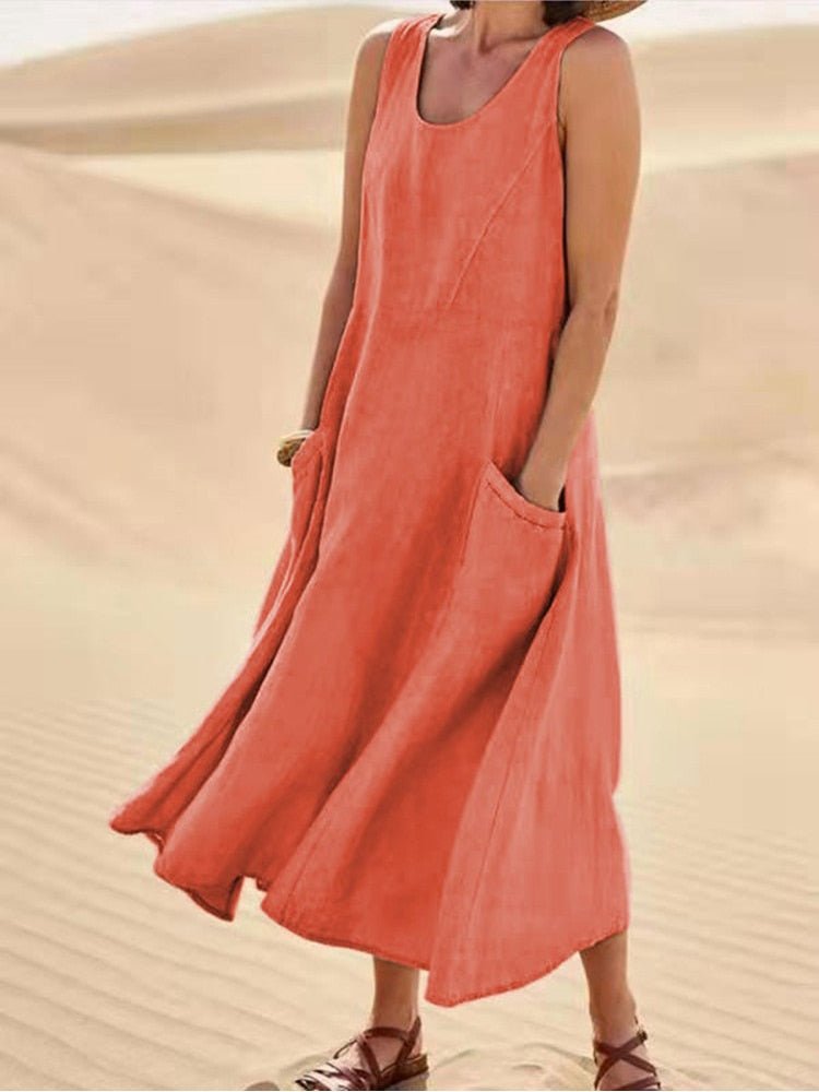 Christiane Fontvieux | Sleeveless Linen Maxi Dress with Pockets
