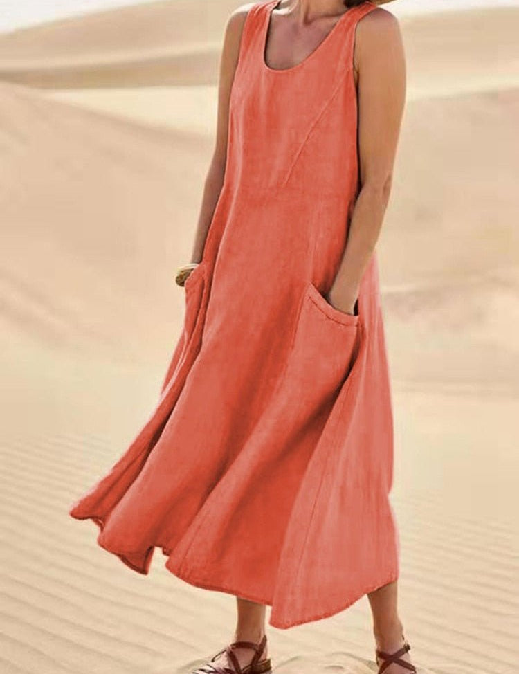 Christiane Fontvieux | Sleeveless Linen Maxi Dress with Pockets