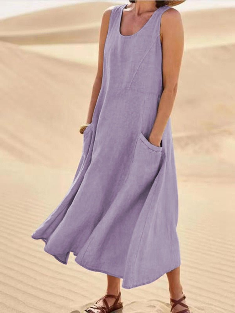 Christiane Fontvieux | Sleeveless Linen Maxi Dress with Pockets