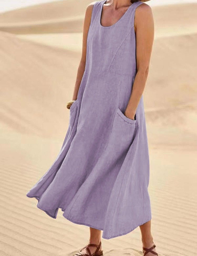 Christiane Fontvieux | Sleeveless Linen Maxi Dress with Pockets