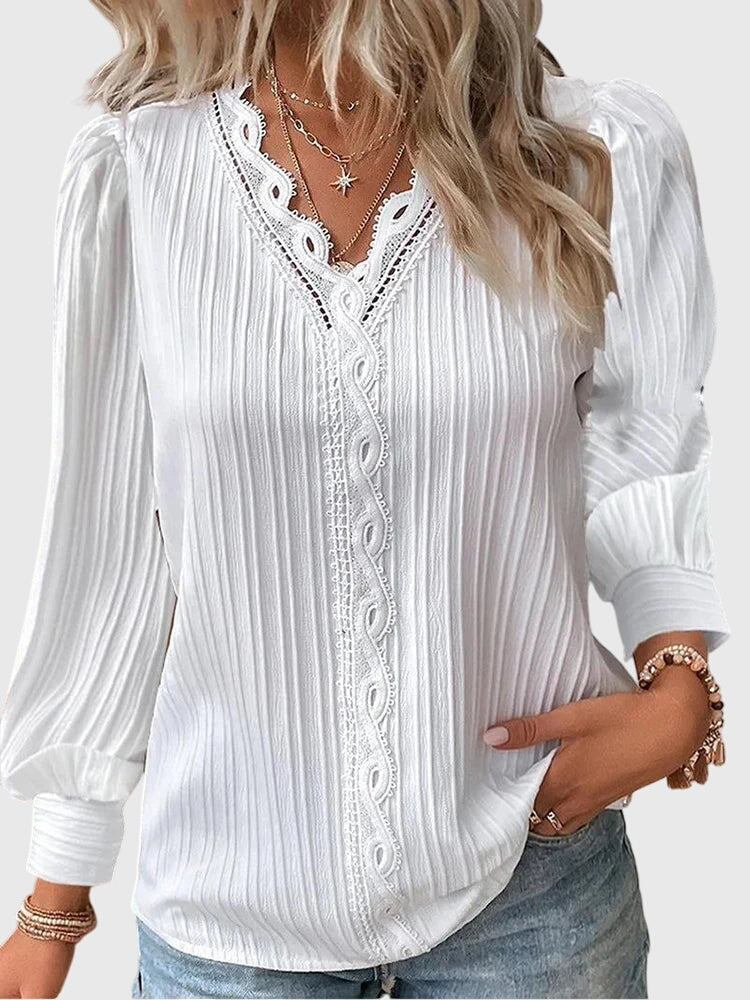 Amélie Chanteclair | Yellow Lace Trim V-Neck Long Sleeve Blouse