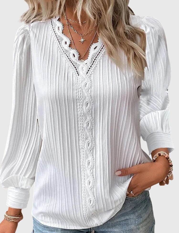 Amélie Chanteclair | Yellow Lace Trim V-Neck Long Sleeve Blouse