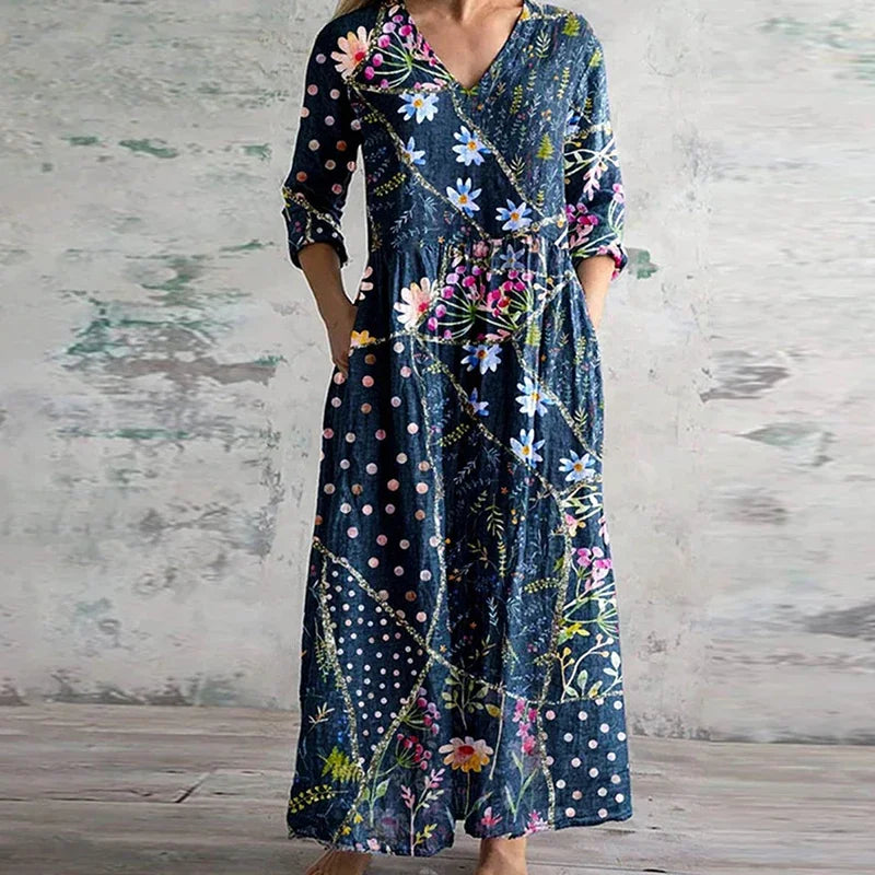Corinna Bellemont | Floral Patchwork Maxi Dress with V-Neck