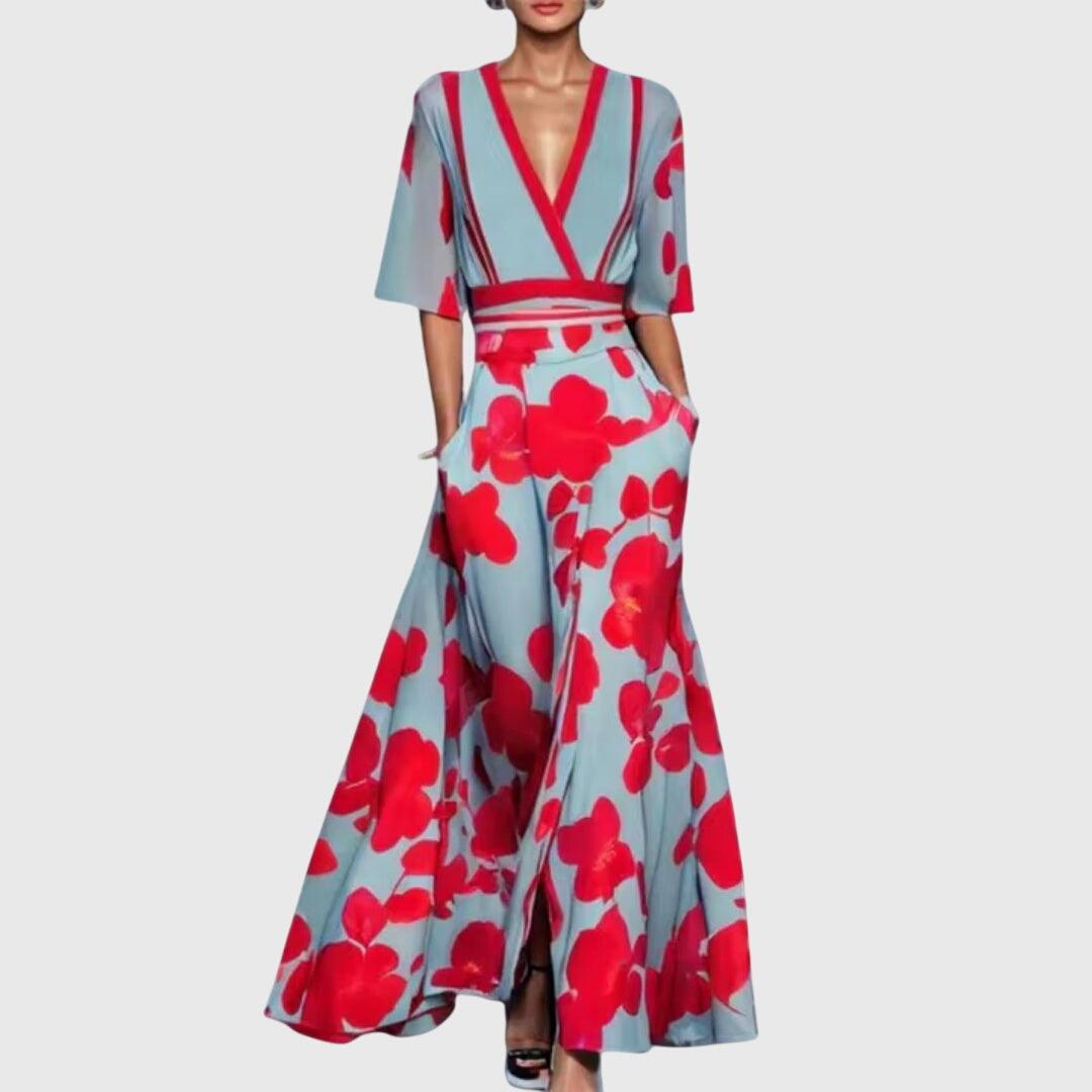 Eleanora Whitvale | White & Navy Floral Maxi Dress V-Neck