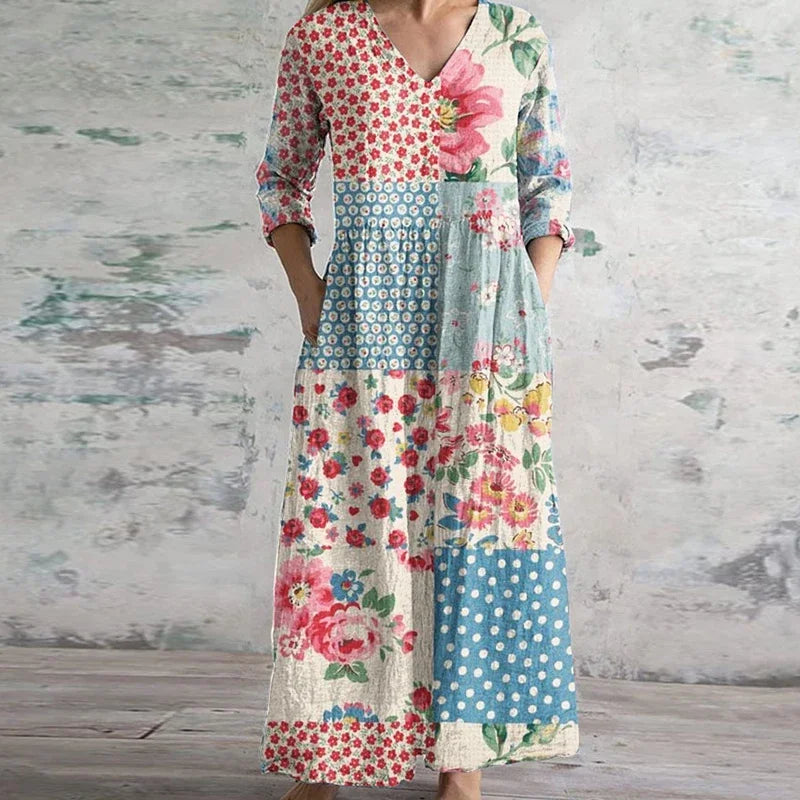 Corinna Bellemont | Floral Patchwork Maxi Dress with V-Neck