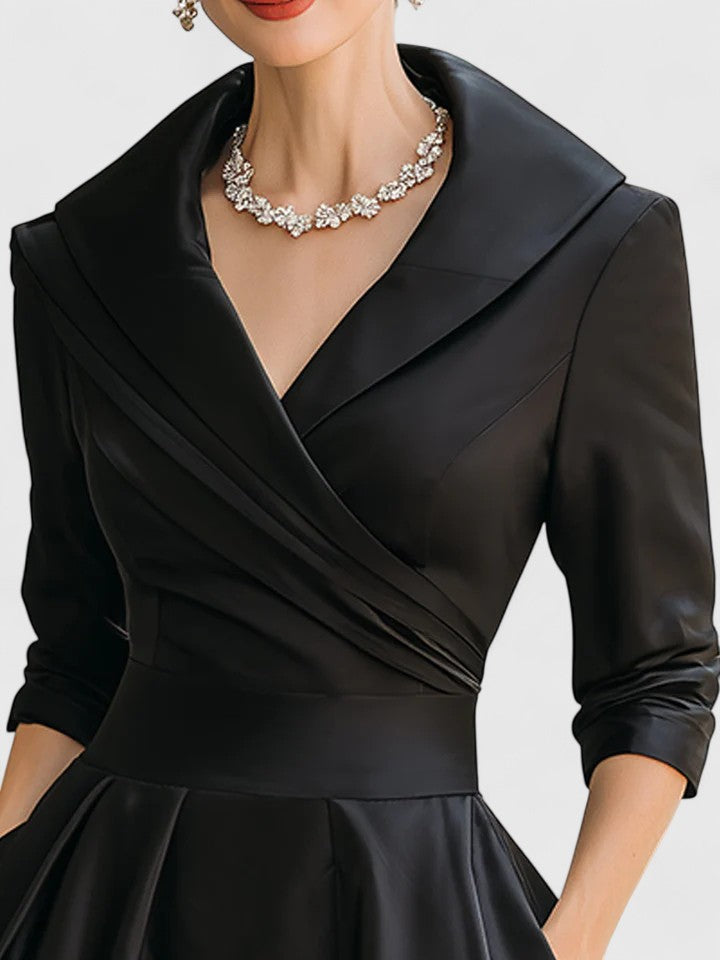 Rosalinde Chantecourt | Black A-Line Midi Dress with 3/4 Sleeves