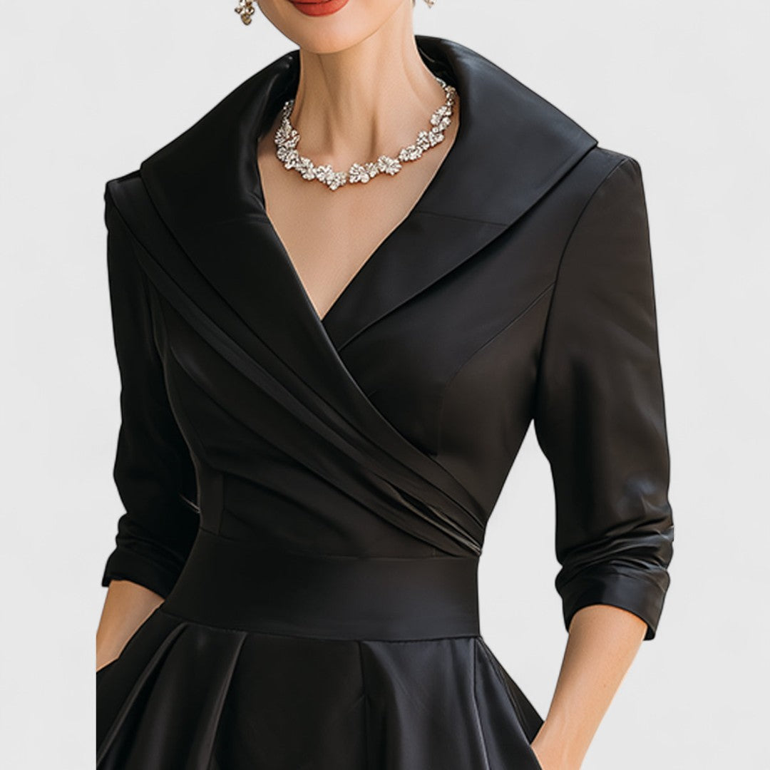 Margolaine Sinclair | Navy Blue A-Line Satin Midi Dress with 3/4 Sleeves