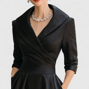 Margolaine Sinclair | Navy Blue A-Line Satin Midi Dress with 3/4 Sleeves