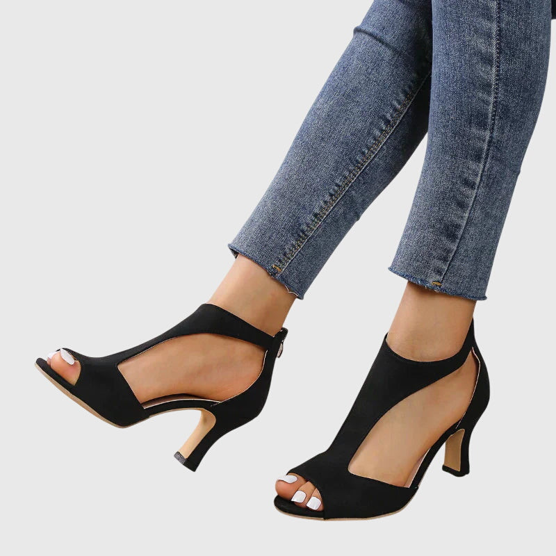 Lenora Vanbright | Blush Pink Peep Toe Block Heel Sandals