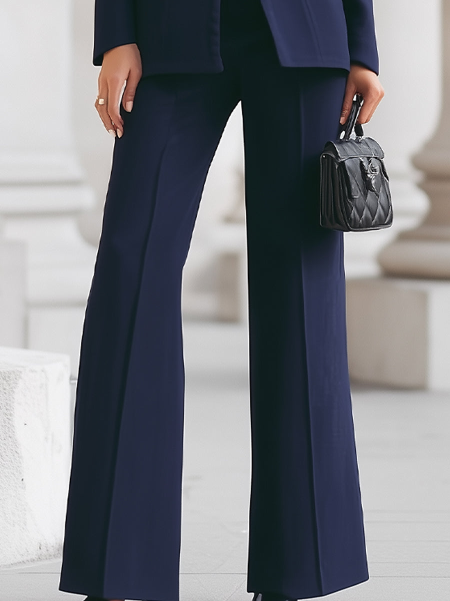 Celestine Vauvray | Navy Blue Stand Collar Blazer & Wide Leg Pants Two-Piece Set