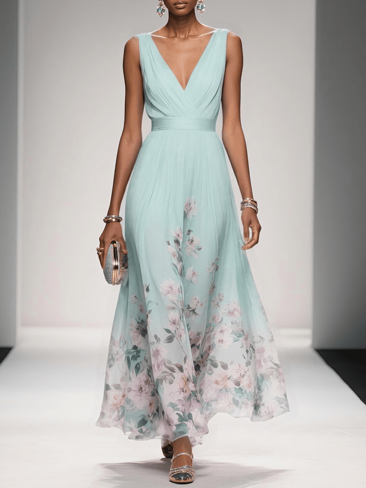 Venetia Somerleigh | Light Blue Floral Maxi V-Neck Dress