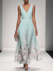 Venetia Somerleigh | Light Blue Floral Maxi V-Neck Dress