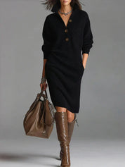 Emmeline Vautrin | Yellow Knit Midi Sweater Dress with Button Collar
