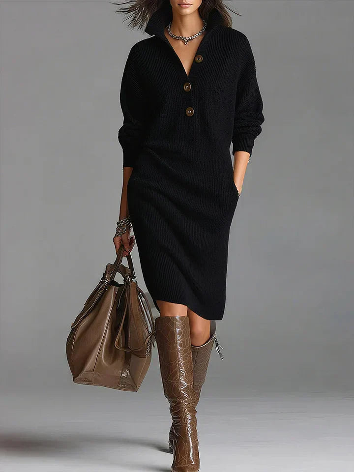Emmeline Vautrin | Yellow Knit Midi Sweater Dress with Button Collar