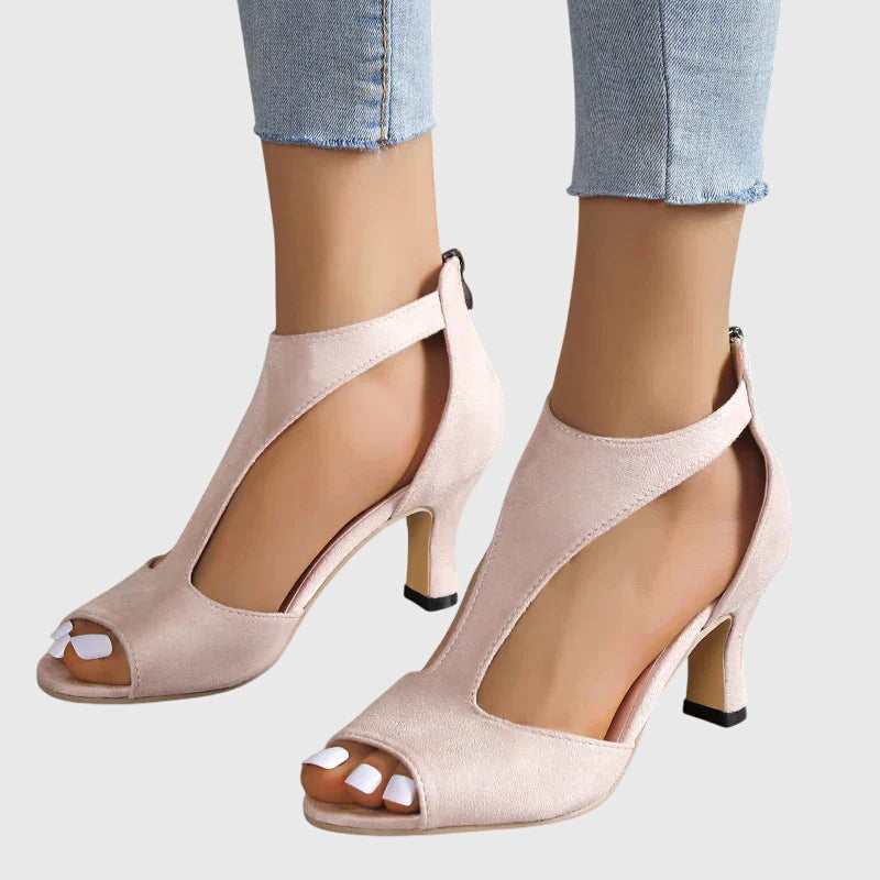 Lenora Vanbright | Blush Pink Peep Toe Block Heel Sandals