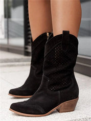 Aurelie Devoncourt | Tan Suede Perforated Western Cowboy Boots