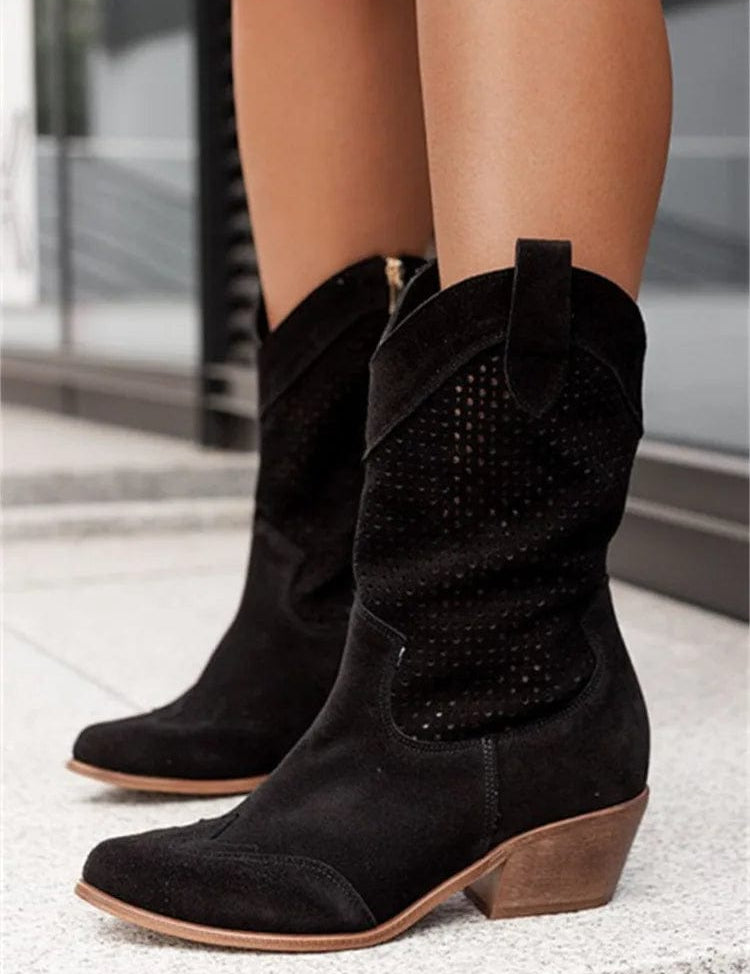Aurelie Devoncourt | Tan Suede Perforated Western Cowboy Boots