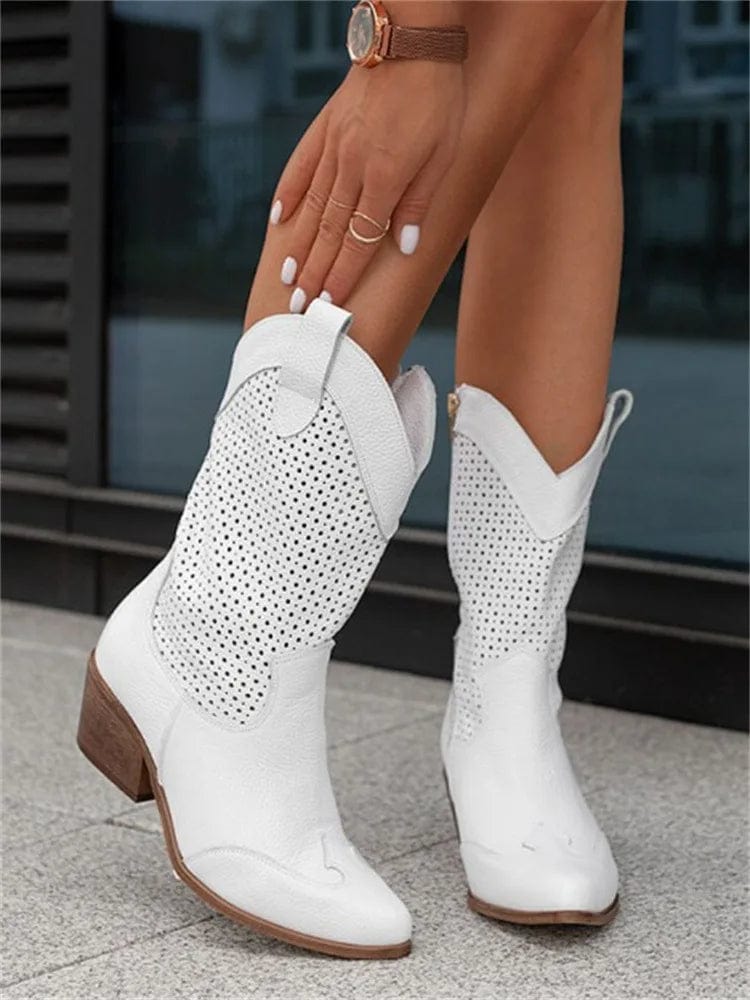 Aurelie Devoncourt | Tan Suede Perforated Western Cowboy Boots