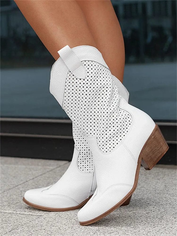 Aurelie Devoncourt | Tan Suede Perforated Western Cowboy Boots