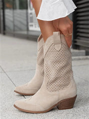Aurelie Devoncourt | Tan Suede Perforated Western Cowboy Boots