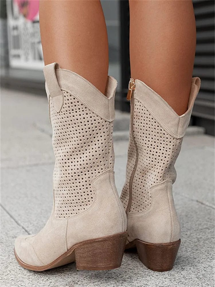 Aurelie Devoncourt | Tan Suede Perforated Western Cowboy Boots