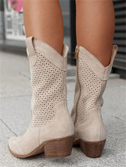 Aurelie Devoncourt | Tan Suede Perforated Western Cowboy Boots