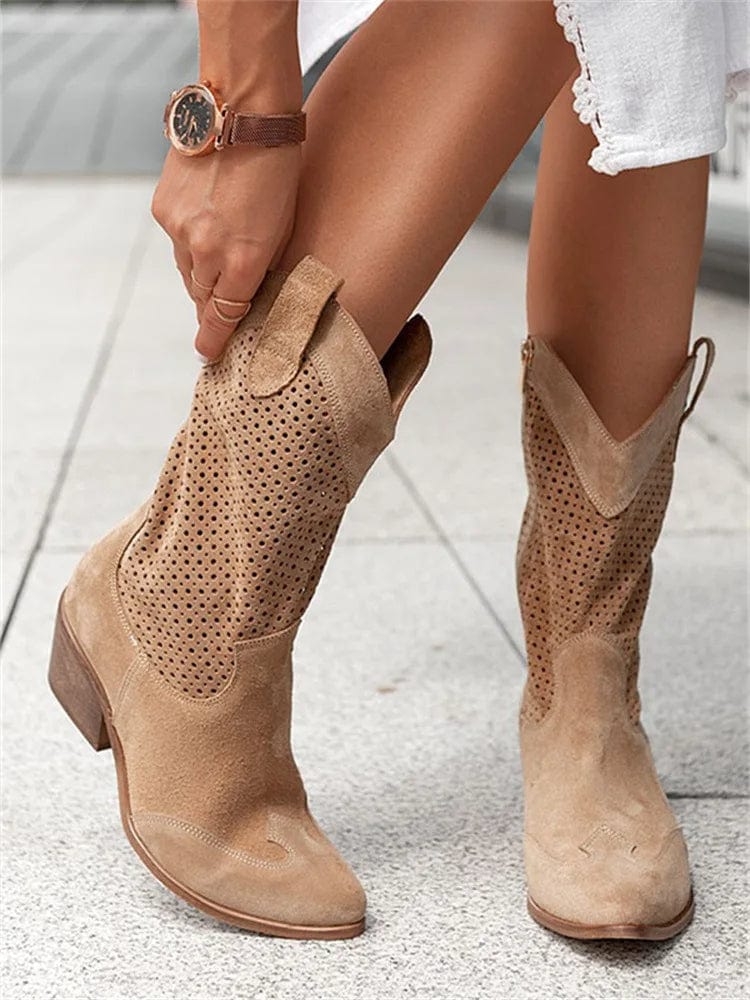 Aurelie Devoncourt | Tan Suede Perforated Western Cowboy Boots