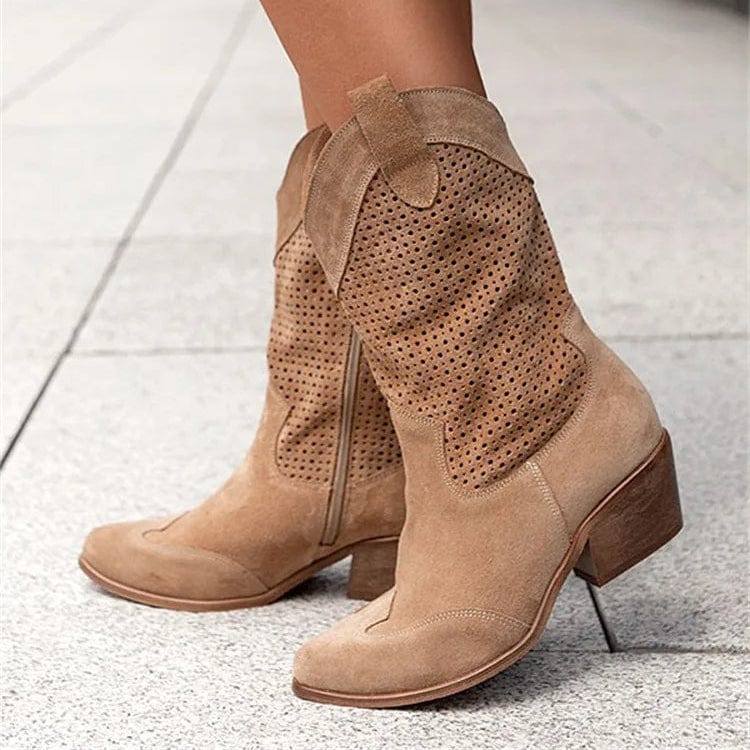 Aurelie Devoncourt | Tan Suede Perforated Western Cowboy Boots